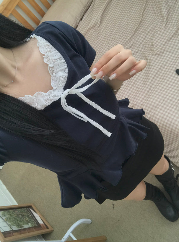 <預訂> JP 蕾絲層疊風格柔和荷葉邊拼接上衣 | 兩色入