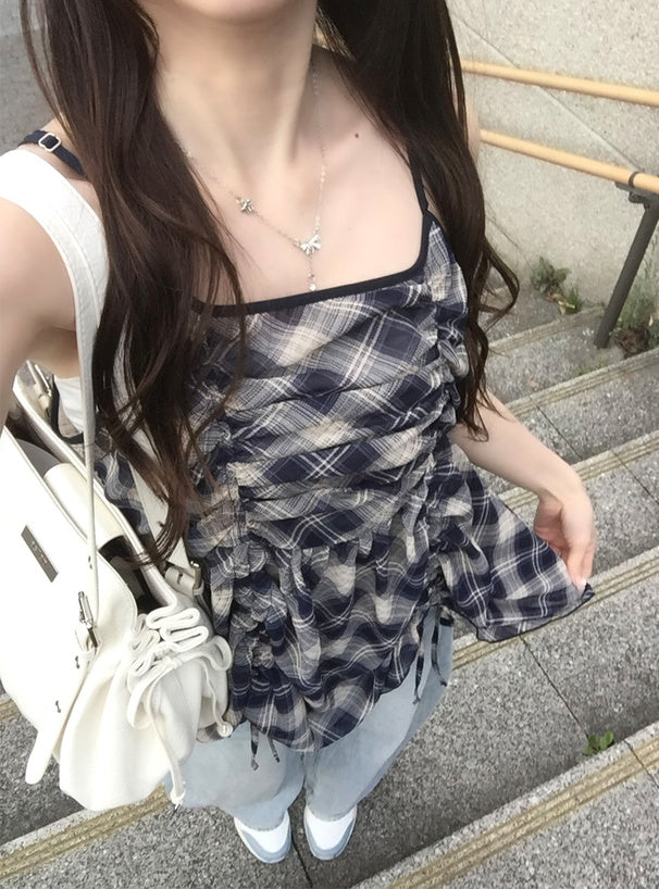 <預訂> JP 格子抽繩吊帶背心式上衣