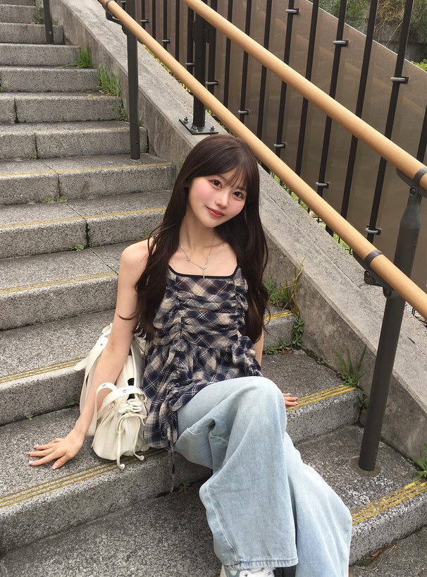<預訂> JP 格子抽繩吊帶背心式上衣