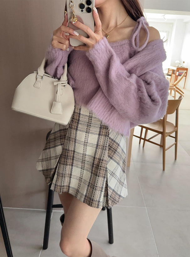 <預訂> 吊帶衫+毛絨針織外套兩件套裝｜四色入