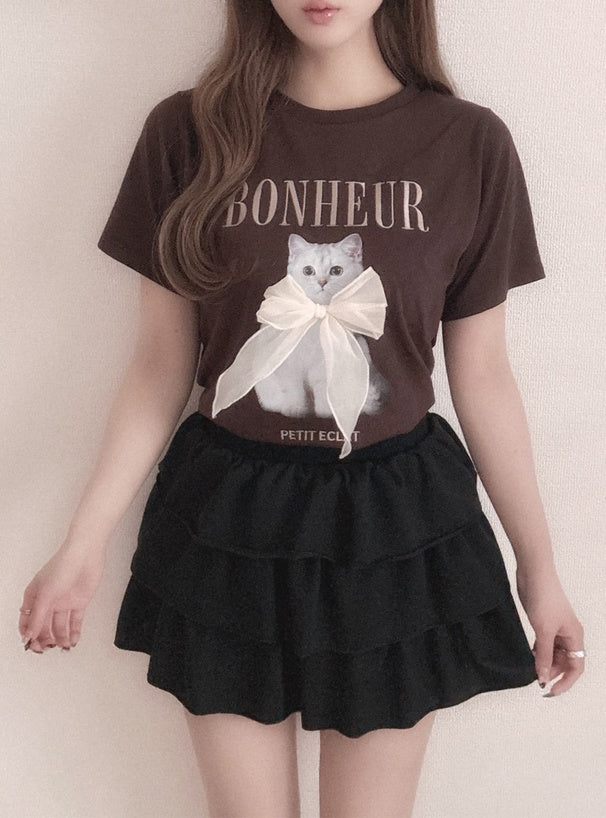 <預訂> JP 貓咪印花緞帶logo刺繡Tee｜三色入