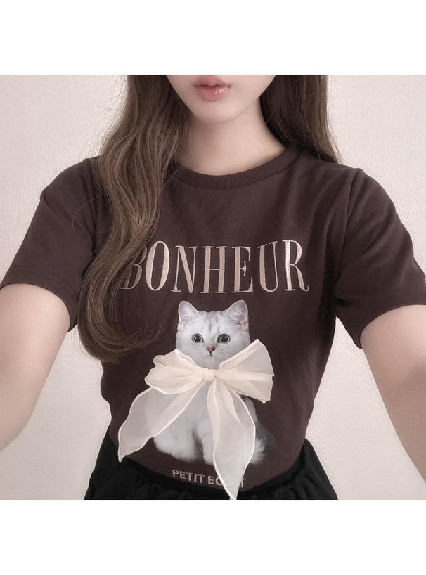 <預訂> JP 貓咪印花緞帶logo刺繡Tee｜三色入
