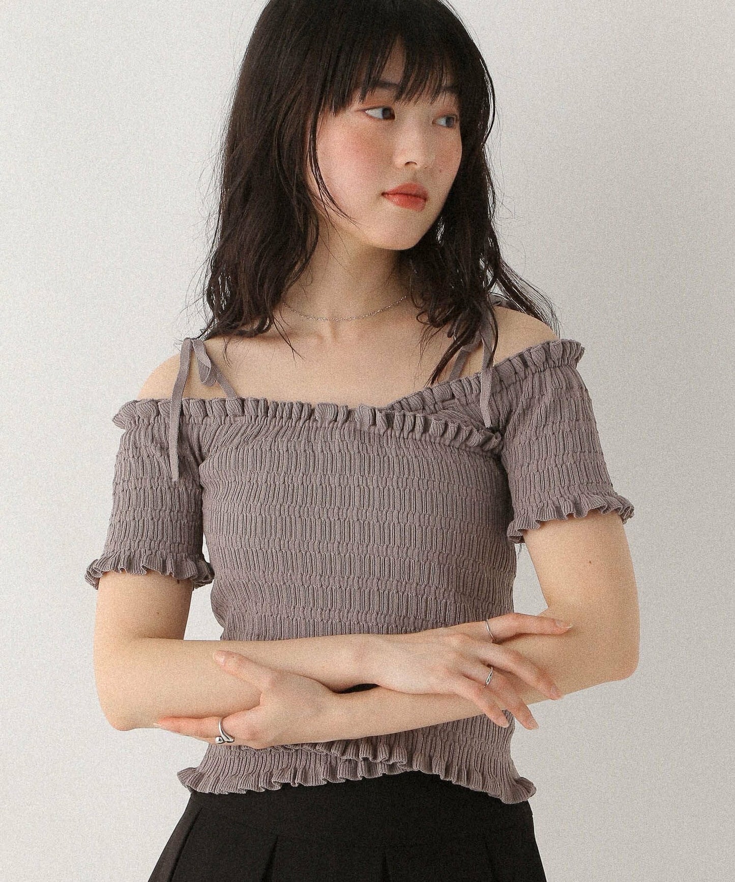 <預訂> 高質日牌Heather限時降價！露肩交叉針織短袖上衣｜兩色入
