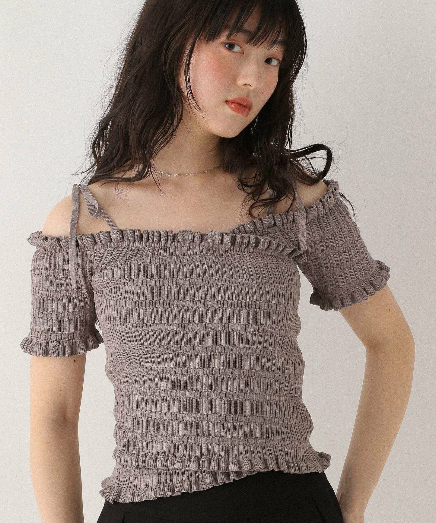<預訂> 高質日牌Heather限時降價！露肩交叉針織短袖上衣｜兩色入