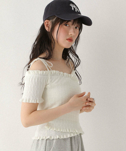 <預訂> 高質日牌Heather限時降價！露肩交叉針織短袖上衣｜兩色入
