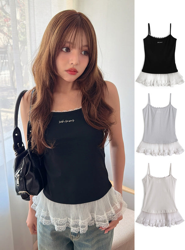 <預訂> JP 薄紗蕾絲拼接吊帶背心 | 三色入