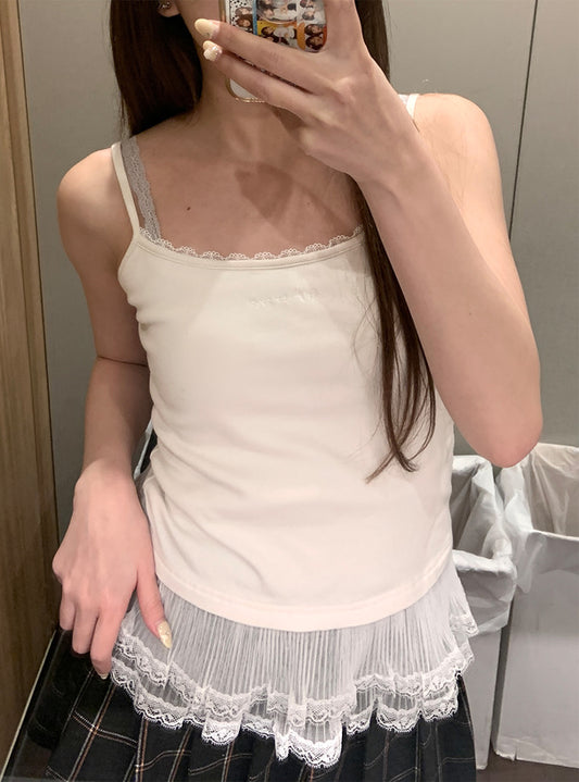 <預訂> JP 薄紗蕾絲拼接吊帶背心 | 三色入