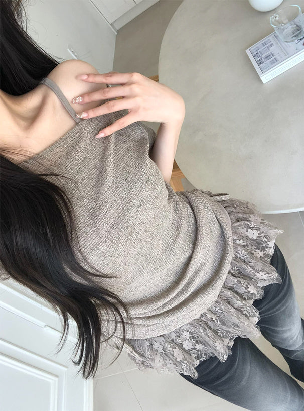 <預訂> JP 單肩抽繩上衣 x 蕾絲吊帶背心兩件套套裝 | 三色入