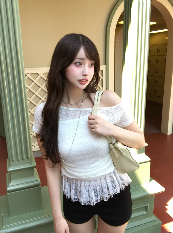 <預訂> JP 單肩抽繩上衣 x 蕾絲吊帶背心兩件套套裝 | 三色入
