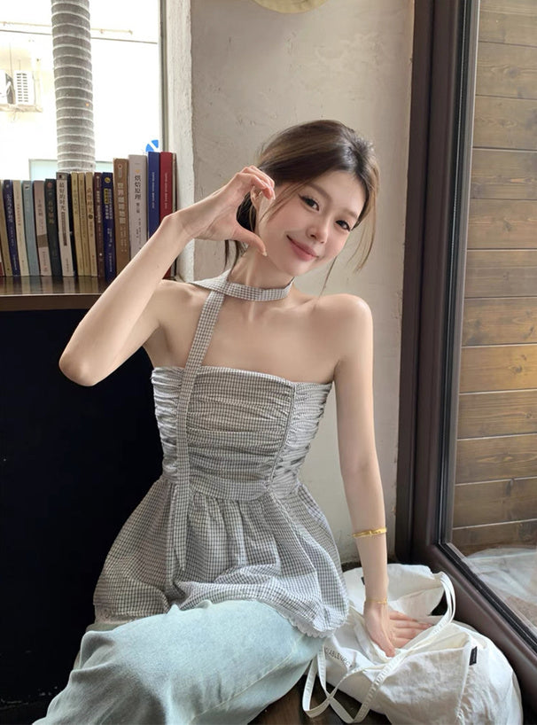 <預訂> JP 格紋繫帶褶皺喇叭形無肩帶上衣 | 兩色入