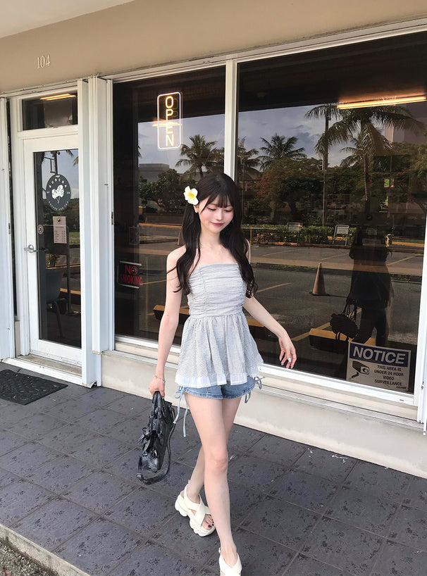 <預訂> JP 格紋繫帶褶皺喇叭形無肩帶上衣 | 兩色入