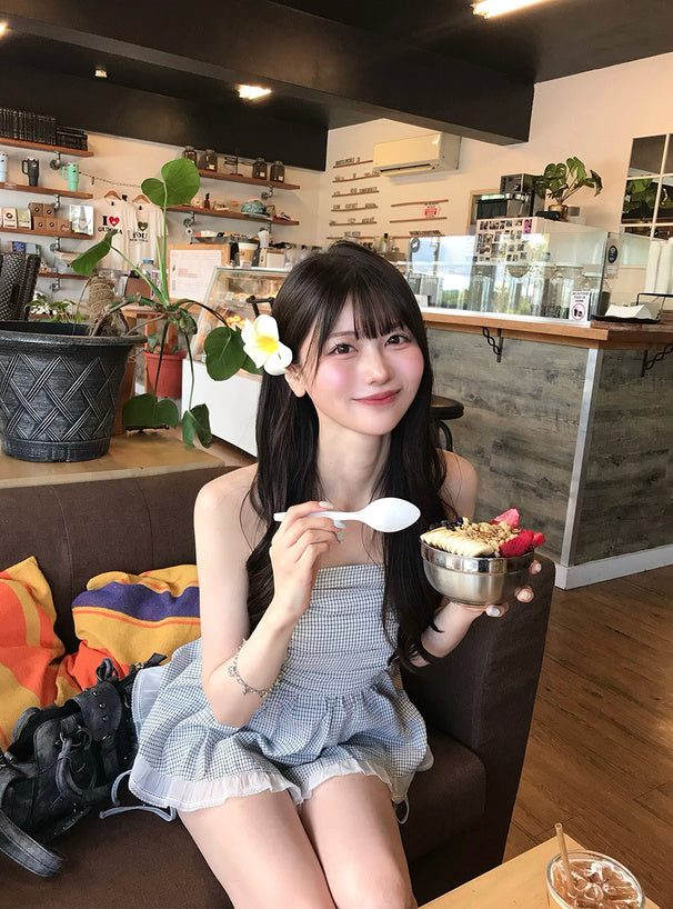 <預訂> JP 格紋繫帶褶皺喇叭形無肩帶上衣 | 兩色入
