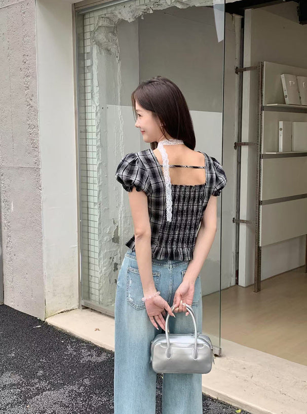 <預訂> JP 蕾絲頸鍊搭配格紋荷葉邊襯衫 | 兩色入