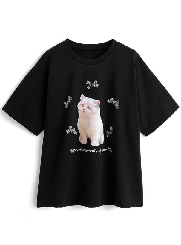 <預訂> JP 貓咪格紋蝴蝶結Tee｜三色入