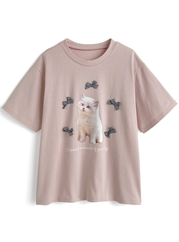 <預訂> JP 貓咪格紋蝴蝶結Tee｜三色入