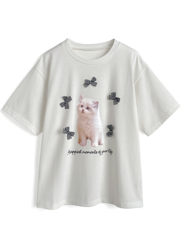 <預訂> JP 貓咪格紋蝴蝶結Tee｜三色入