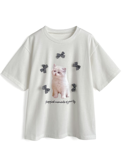<預訂> JP 貓咪格紋蝴蝶結Tee｜三色入
