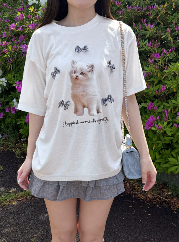 <預訂> JP 貓咪格紋蝴蝶結Tee｜三色入