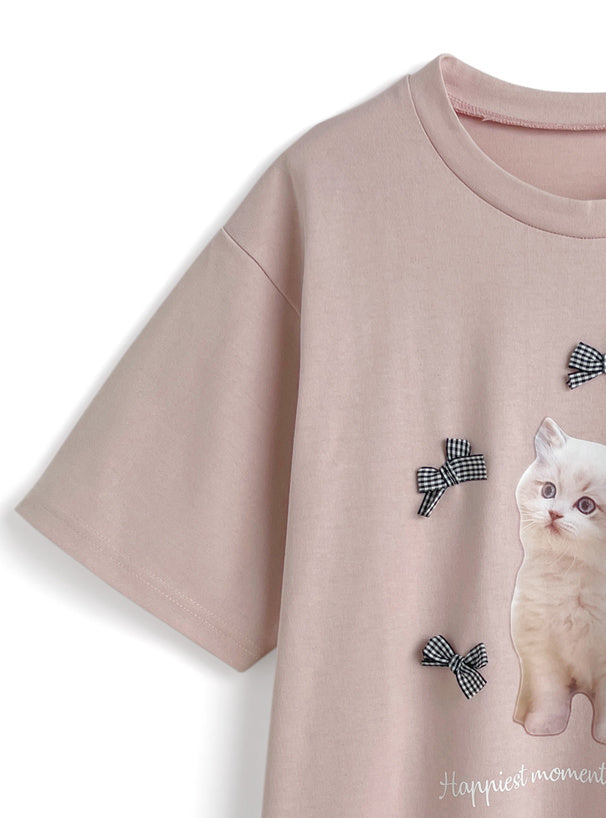 <預訂> JP 貓咪格紋蝴蝶結Tee｜三色入