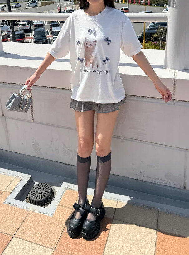 <預訂> JP 貓咪格紋蝴蝶結Tee｜三色入