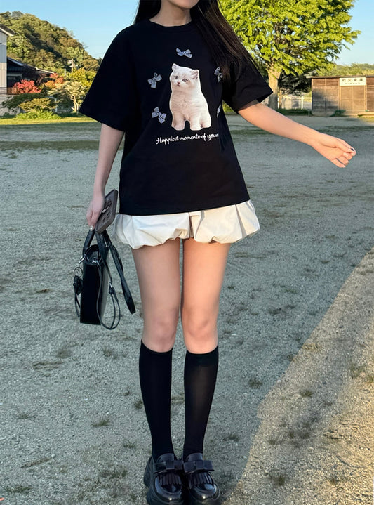 <預訂> JP 貓咪格紋蝴蝶結Tee｜三色入