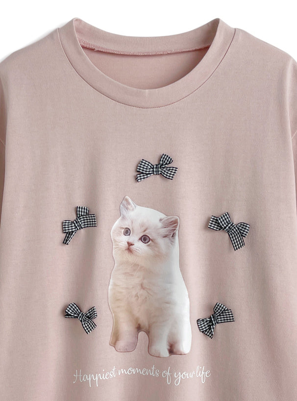 <預訂> JP 貓咪格紋蝴蝶結Tee｜三色入