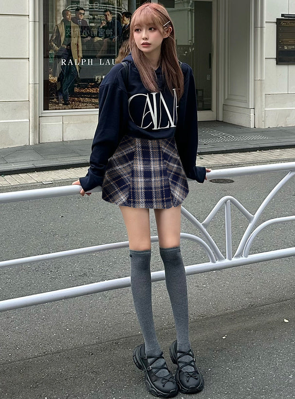 <預訂> JP 花呢格紋半身A字短裙(含打底)