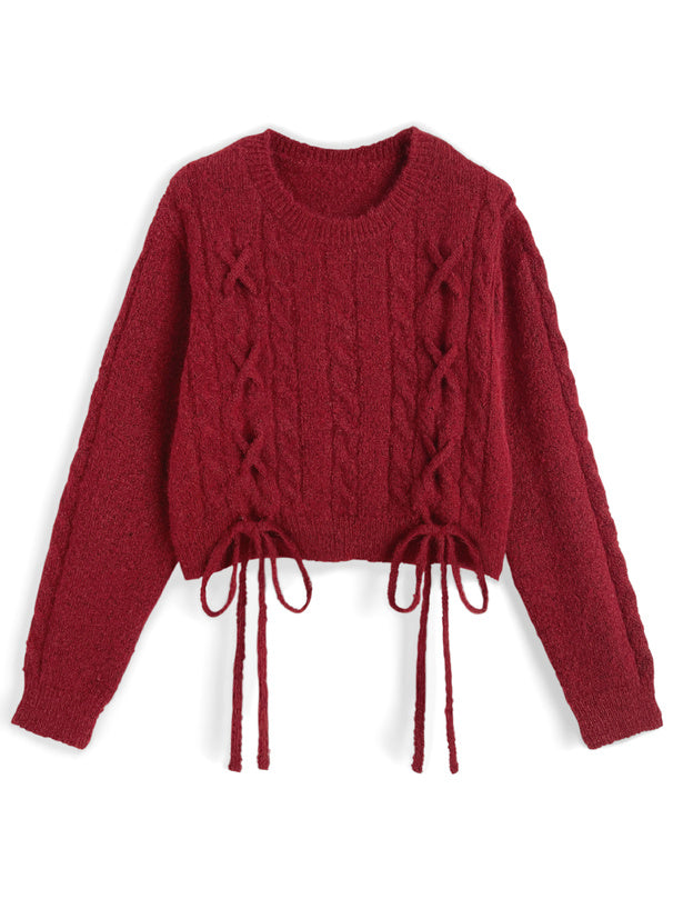 <預訂> 繫帶緞帶麻花針織上衣｜五色入