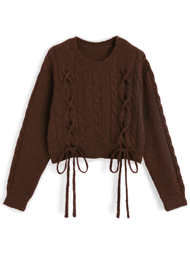 <預訂> 繫帶緞帶麻花針織上衣｜五色入