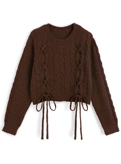 <預訂> 繫帶緞帶麻花針織上衣｜五色入