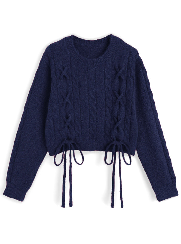 <預訂> 繫帶緞帶麻花針織上衣｜五色入