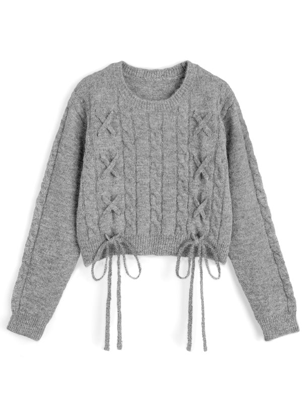 <預訂> 繫帶緞帶麻花針織上衣｜五色入