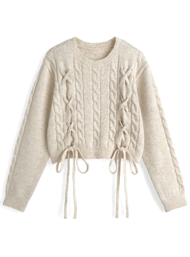 <預訂> 繫帶緞帶麻花針織上衣｜五色入