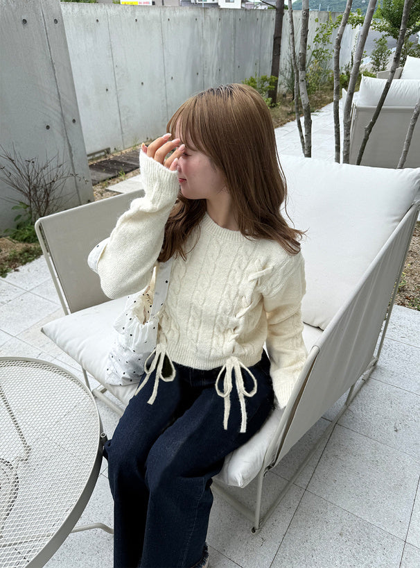 <預訂> 繫帶緞帶麻花針織上衣｜五色入