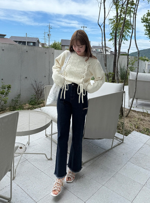 <預訂> 繫帶緞帶麻花針織上衣｜五色入