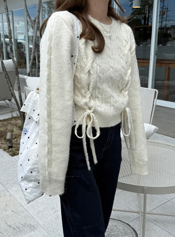 <預訂> 繫帶緞帶麻花針織上衣｜五色入