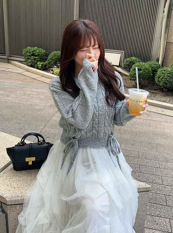 <預訂> 繫帶緞帶麻花針織上衣｜五色入