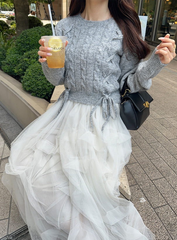 <預訂> 繫帶緞帶麻花針織上衣｜五色入