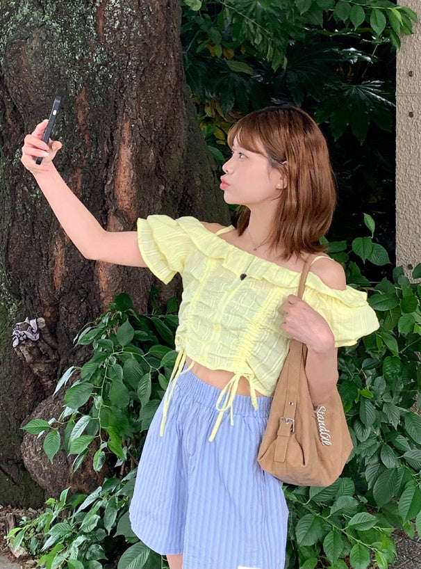 <預訂> JP 糖果色抽繩露肩寬鬆ruffle襯衫｜四色入