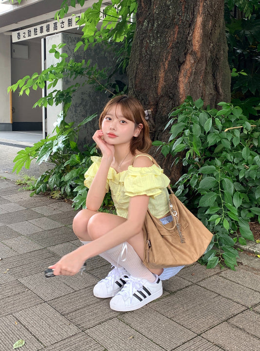 <預訂> JP 糖果色抽繩露肩寬鬆ruffle襯衫｜四色入