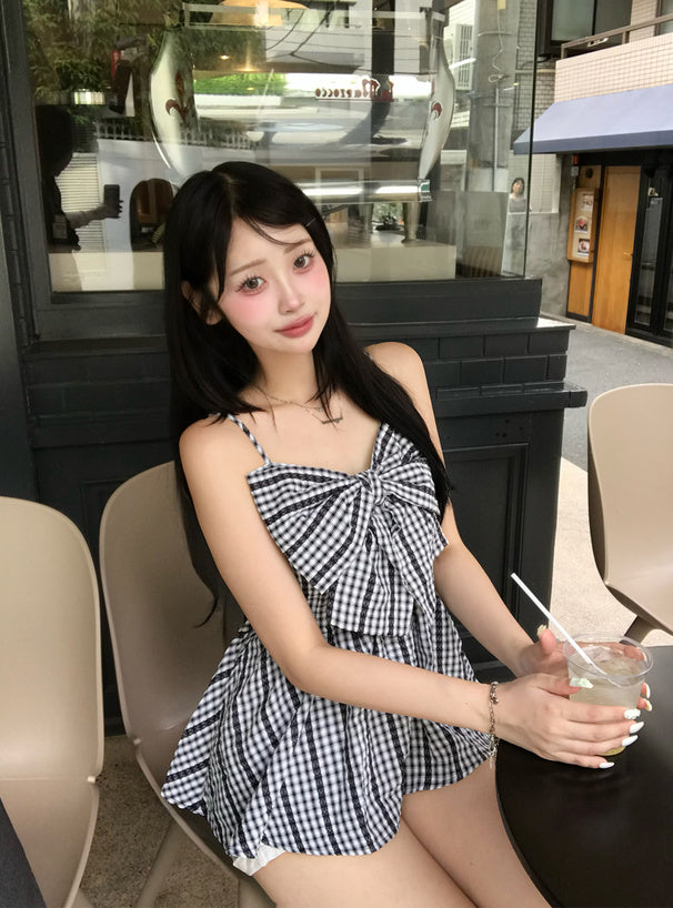<預訂> JP 格紋圖案大蝴蝶結吊帶背心式上衣 | 兩色入