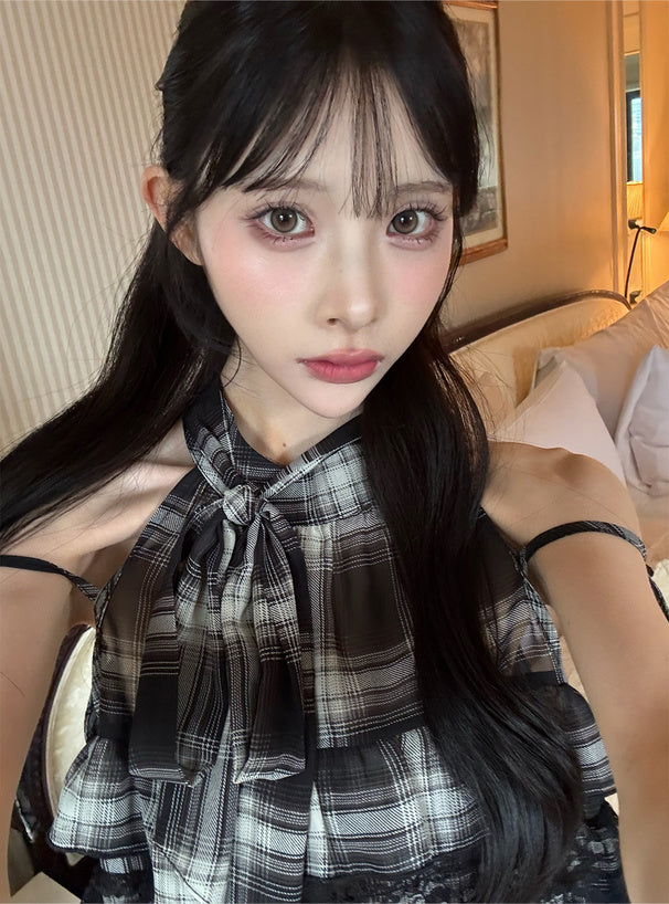 <預訂> JP 格紋圖案美式層疊緞帶襯衫