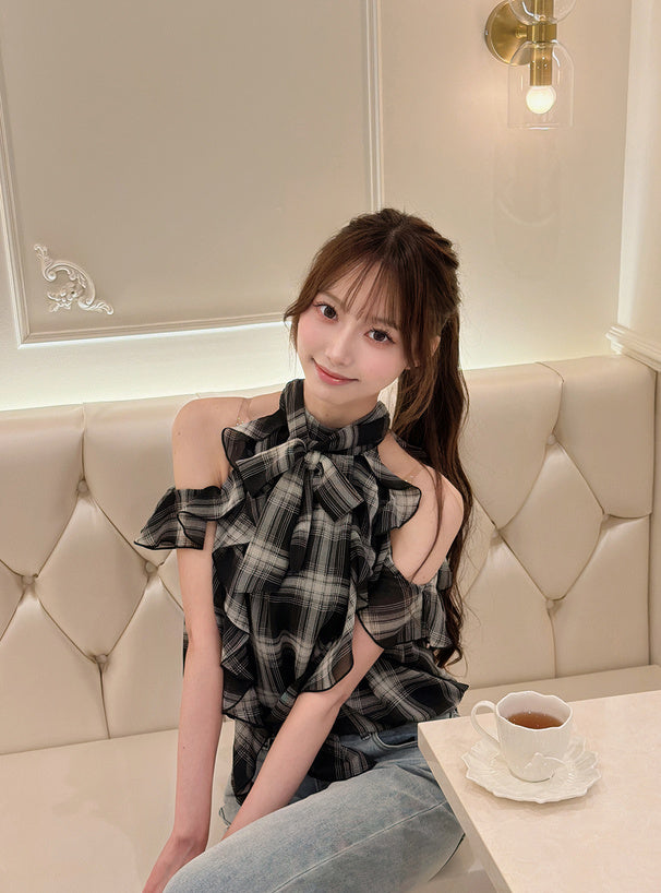 <預訂> JP 格紋露肩荷葉邊蝴蝶結襯衫