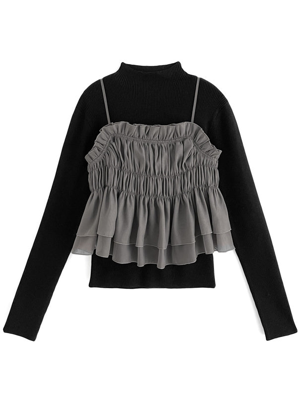 <預訂> JP 背面綁帶背心馬甲 + 羅紋針織上衣套裝｜兩色入