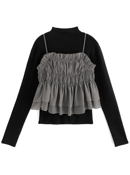 <預訂> JP 背面綁帶背心馬甲 + 羅紋針織上衣套裝｜兩色入