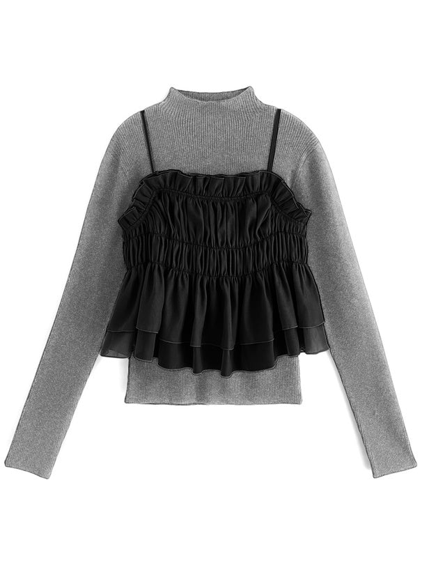 <預訂> JP 背面綁帶背心馬甲 + 羅紋針織上衣套裝｜兩色入