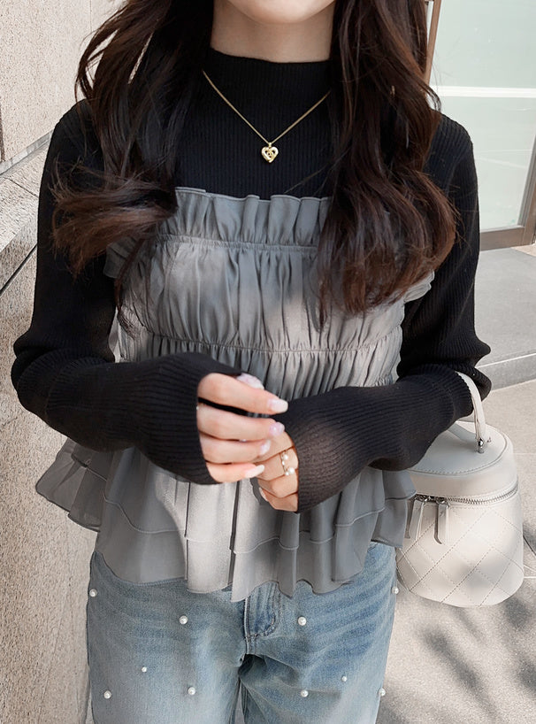 <預訂> JP 背面綁帶背心馬甲 + 羅紋針織上衣套裝｜兩色入