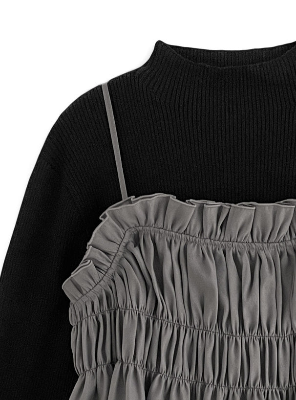 <預訂> JP 背面綁帶背心馬甲 + 羅紋針織上衣套裝｜兩色入