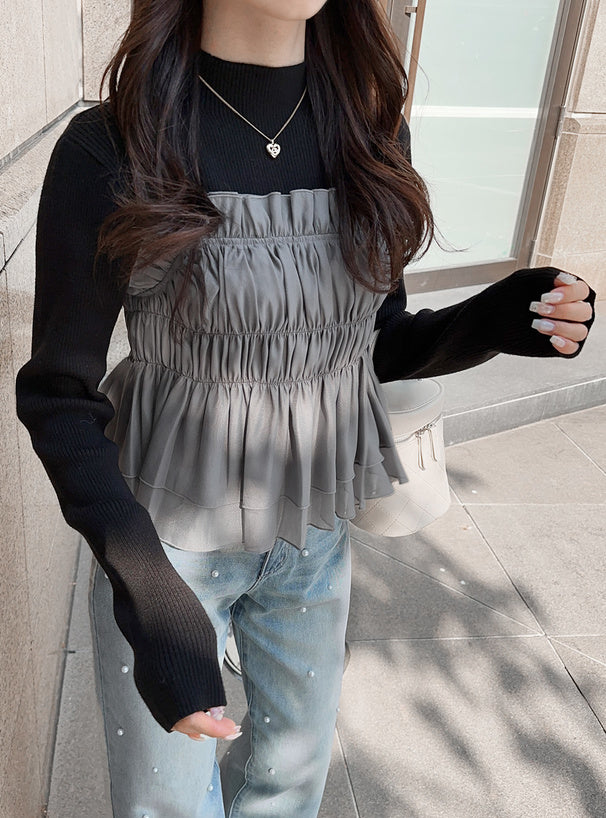 <預訂> JP 背面綁帶背心馬甲 + 羅紋針織上衣套裝｜兩色入