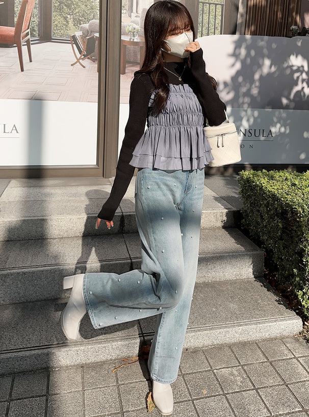 <預訂> JP 背面綁帶背心馬甲 + 羅紋針織上衣套裝｜兩色入